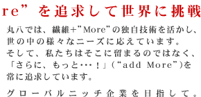 「add“More”を追求して世界に挑戦」　丸八では、繊維+”More”の独自技術を活かし、世の中の様々なニーズに応えています。そして、私たちはそこに留まるのではなく、「さらに、もっと･･･！」(“add More”)を常に追求しています。　グローバルニッチ企業を目指して。